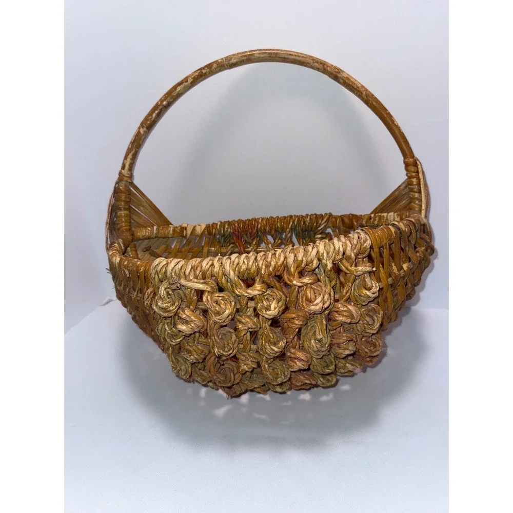Vintage Wicker Wall Pocket Basket Knotted Rope Detail Crescent Half‎ Moon Brown